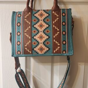 Wrangler Brown and Green Crossbody Bag with Southwestern Design